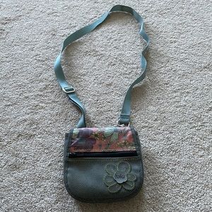 Small Haiku purse, gray/blue with flower pattern